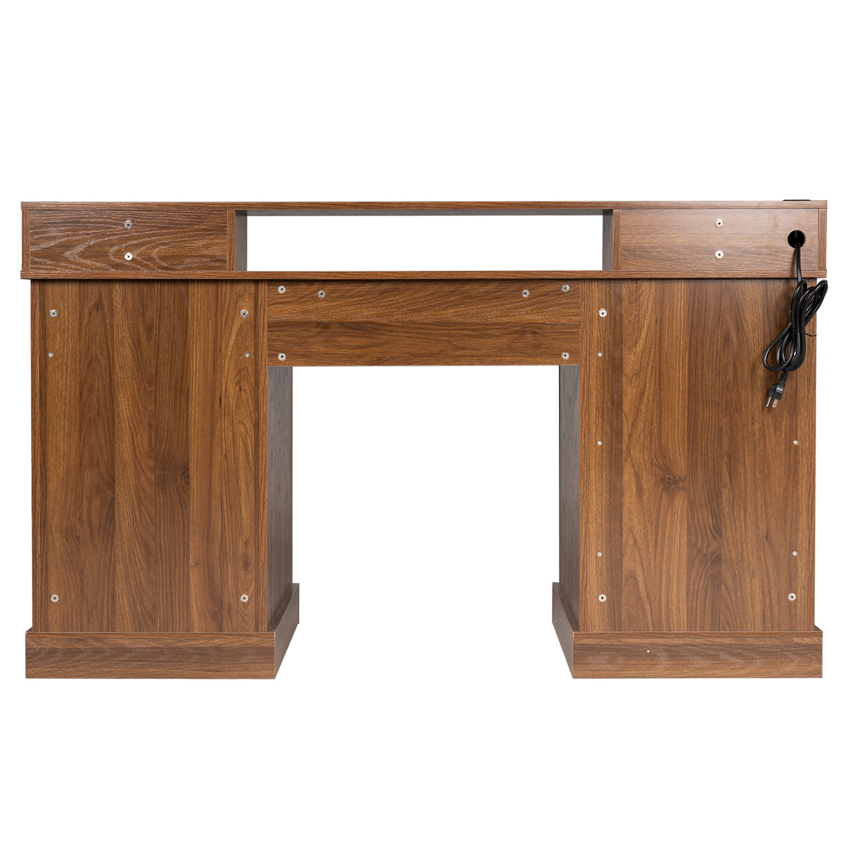 Anthony & Home Atelier dark walnut farmhouse office desk with barn door, monitor stand, and built-in charging station.