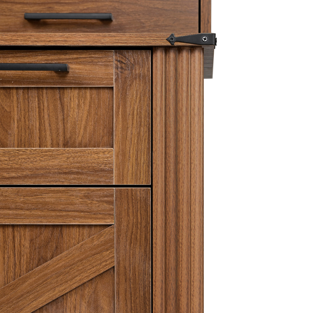 Anthony & Home Atelier dark walnut farmhouse office desk with charging station, barn door, and monitor stand.