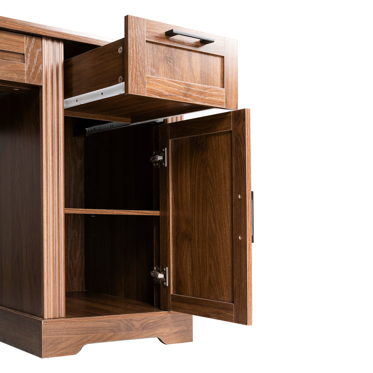 Anthony & Home Atelier Dark Walnut Farmhouse Office Desk with charging station, barn door, and monitor stand in a stylish workspace setting.