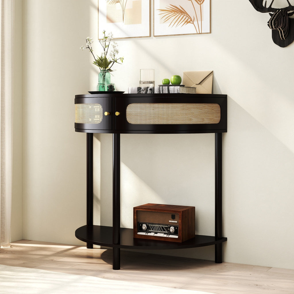 Black solid wood Atelier Demi-Lune end table by Anthony & Home, showcasing its curved design and smooth finish.