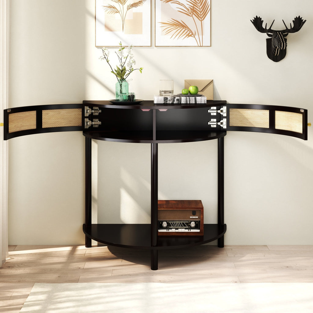 Black solid wood Atelier Demi-Lune end table by Anthony & Home with a smooth curved design and sturdy construction.