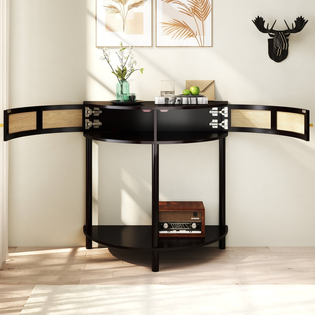 Black solid wood Atelier Demi-Lune end table by Anthony & Home with a smooth curved design and sturdy construction.
