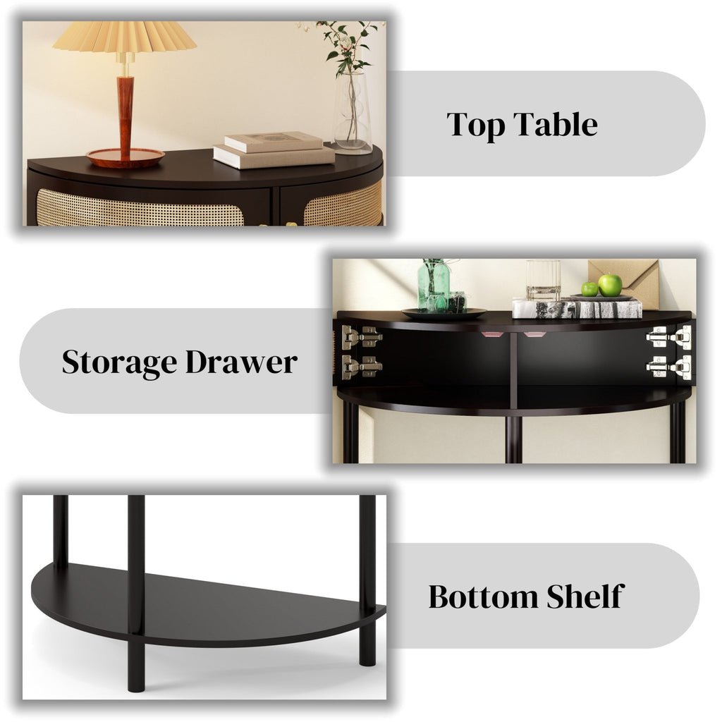 Black solid wood Atelier Demi-Lune end table with curved design, by Anthony & Home, showcasing its elegant, smooth surface.