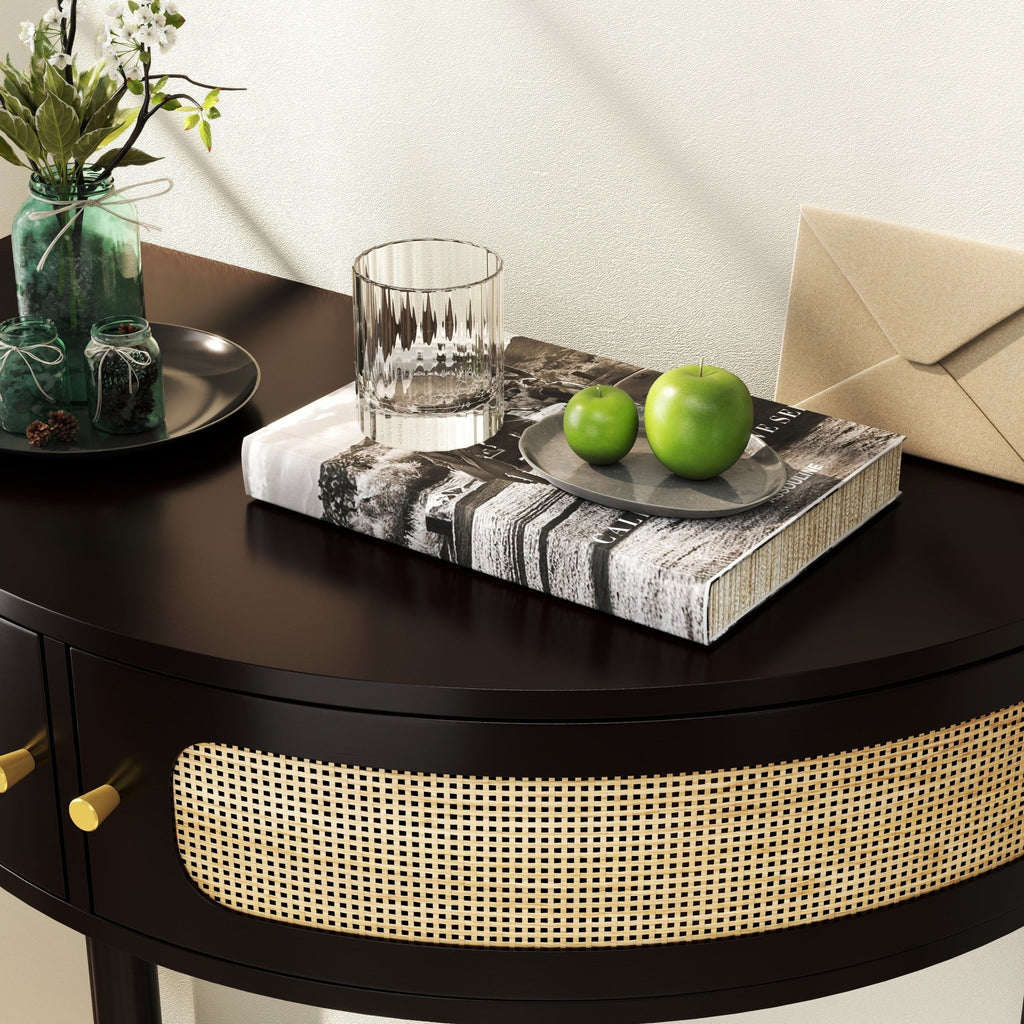 Black solid wood Atelier Demi-Lune end table by Anthony & Home with curved design and smooth finish.