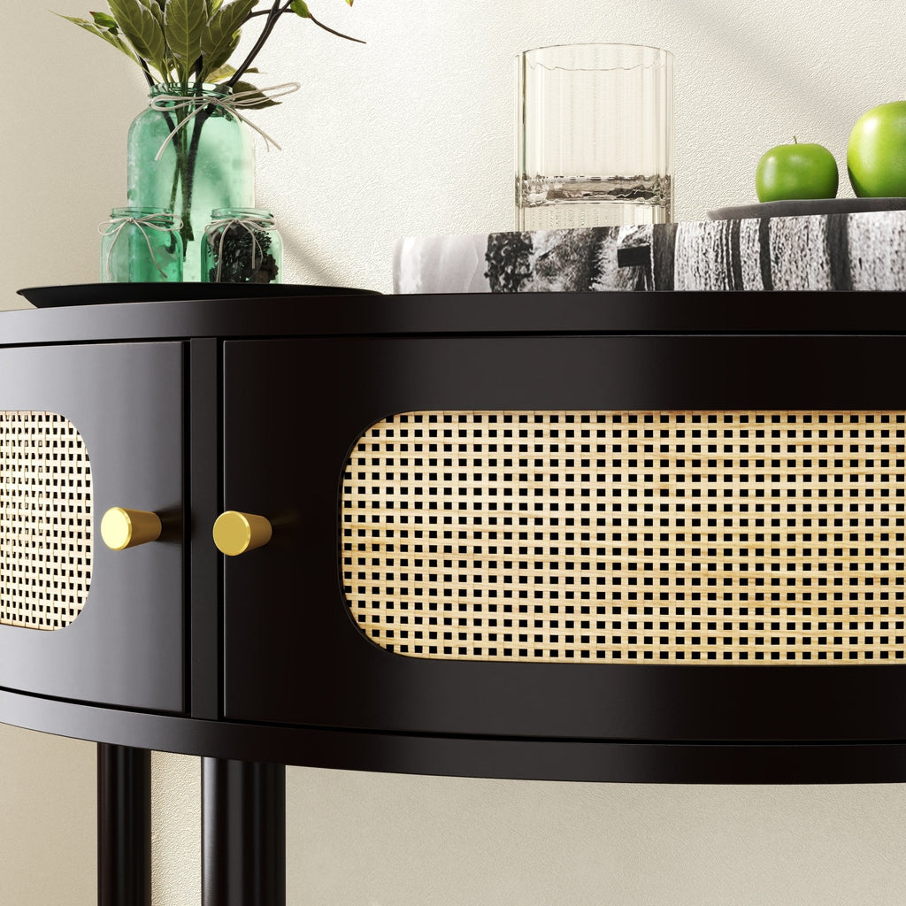 Black Atelier Demi-Lune end table made of solid wood by Anthony & Home, featuring a sleek curved design and smooth finish.