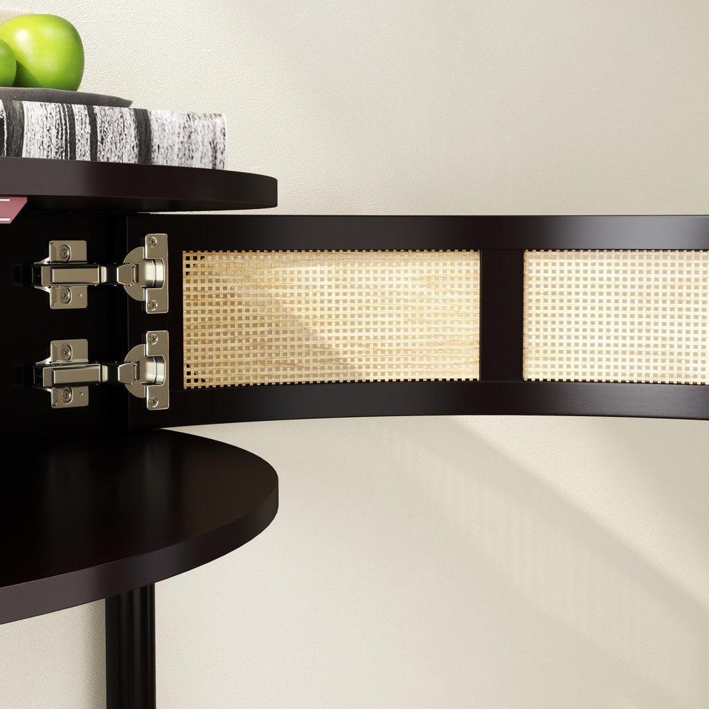 Black Atelier Demi-Lune end table by Anthony & Home, made of solid wood, with a sleek curved design and smooth finish.