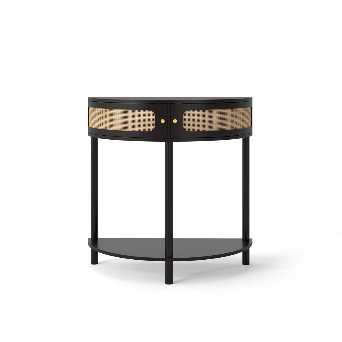 Black Atelier Demi-Lune end table by Anthony & Home made of solid wood, showcasing a sleek curved design and smooth finish.