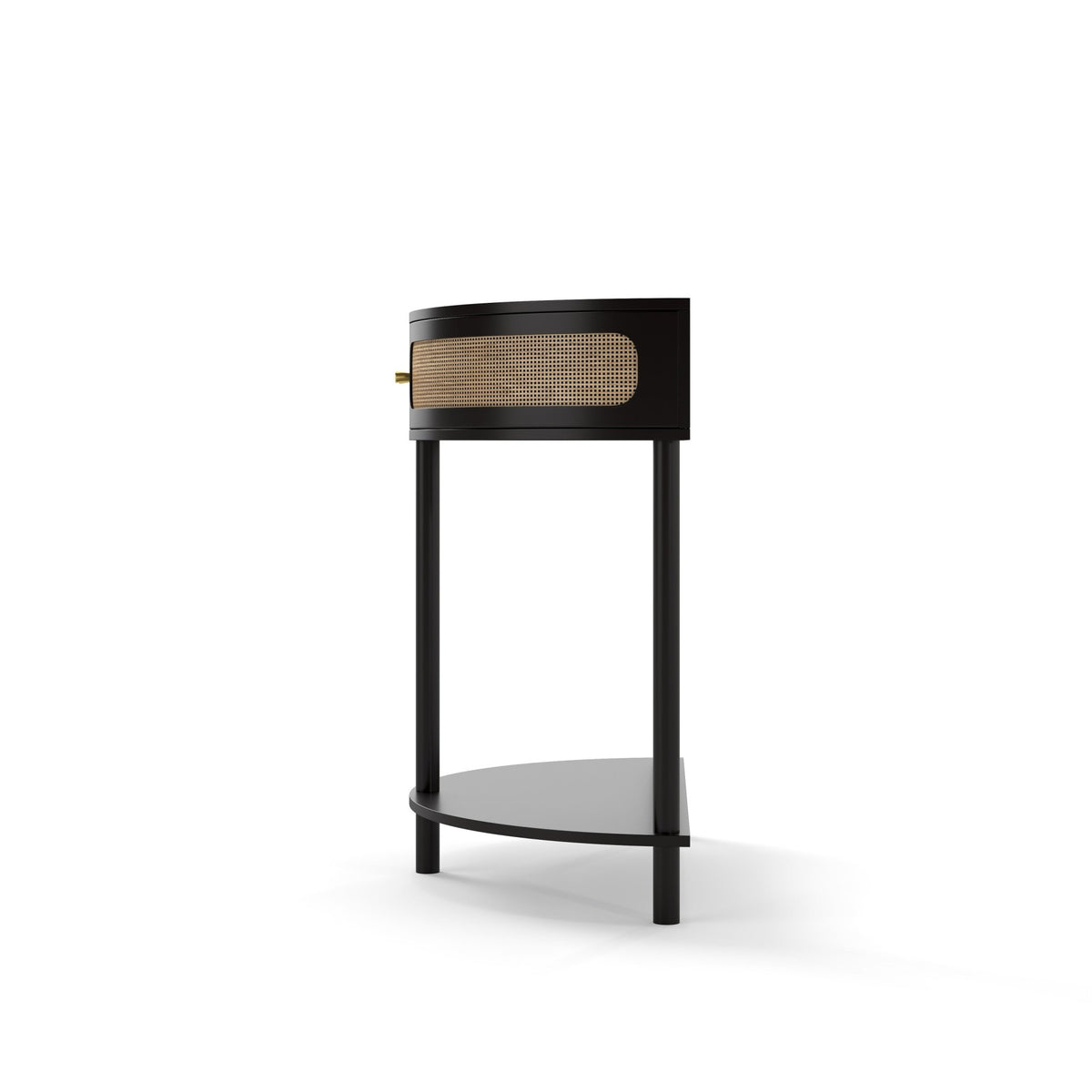 Black solid wood Atelier Demi-Lune end table by Anthony & Home with a sleek, curved design and smooth finish.