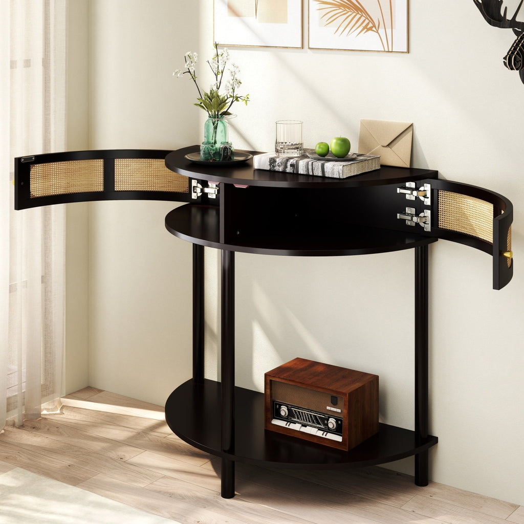 Black solid wood Atelier Demi-Lune end table by Anthony & Home with curved design and smooth finish.