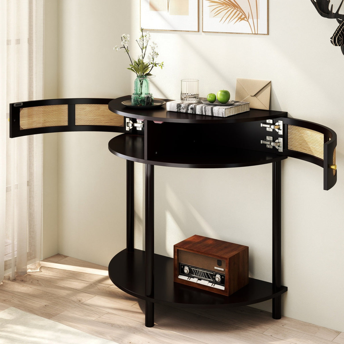Black solid wood Atelier Demi-Lune end table by Anthony & Home with curved design and smooth finish.