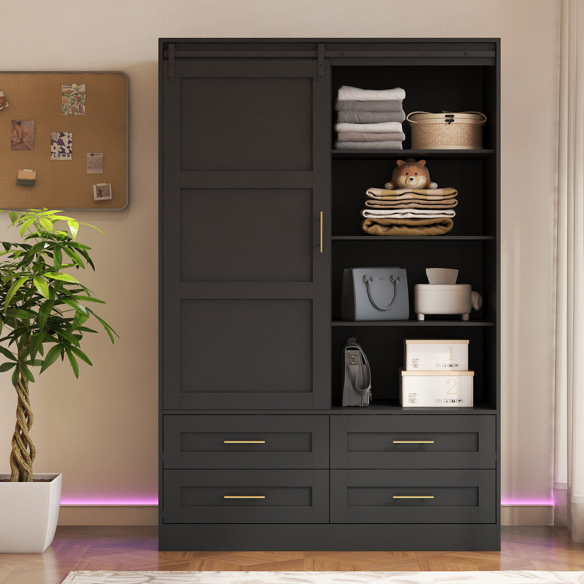 Anthony & Home Atelier Eco MDF tall armoire wardrobe with barn door, featuring sleek wood finish and spacious interior storage.