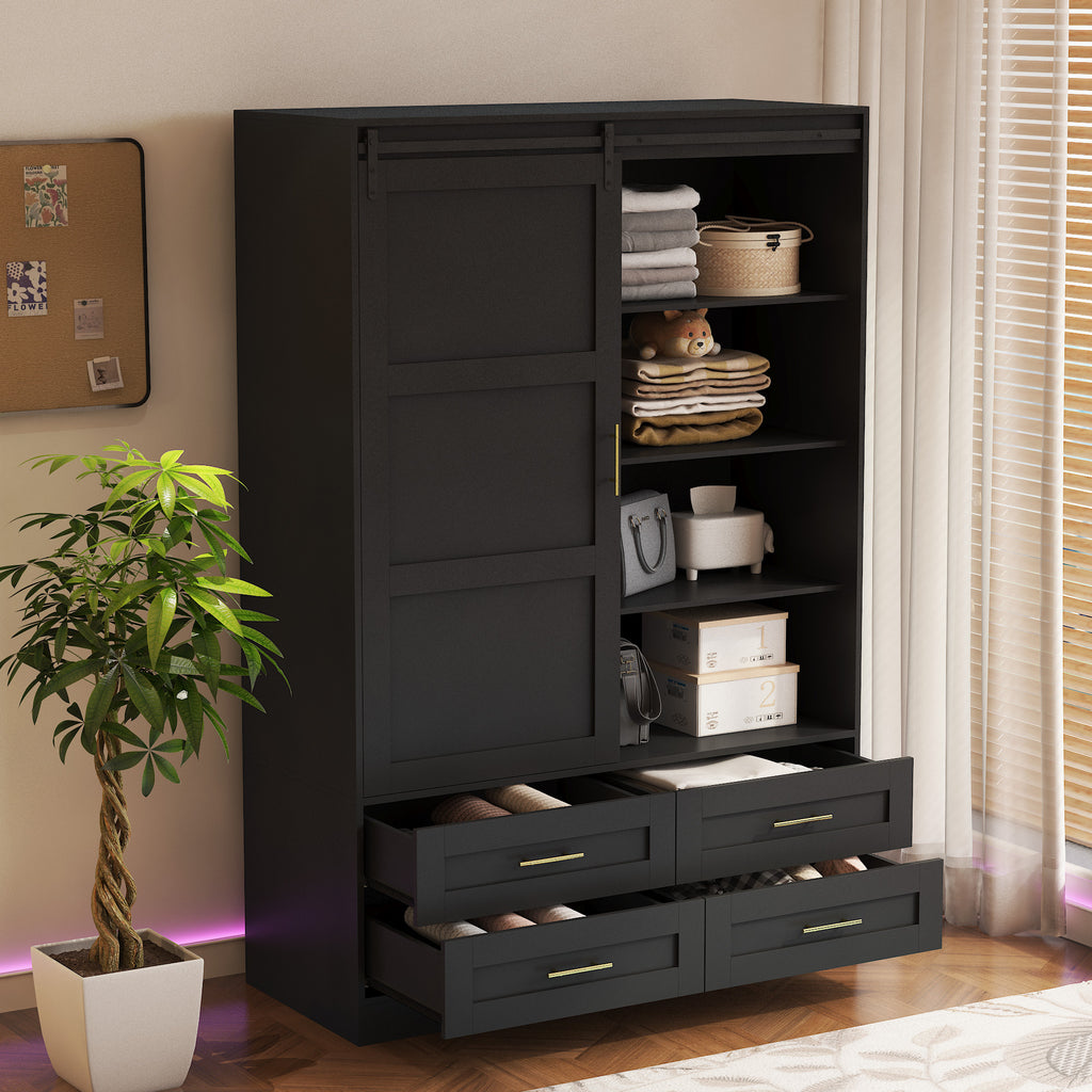 Anthony & Home Atelier Eco MDF tall wardrobe with barn door, featuring sleek wood finish and spacious interior storage.