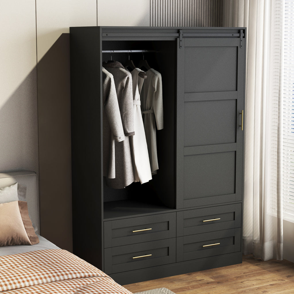 Anthony & Home Atelier Eco MDF tall armoire wardrobe with barn door, featuring sleek wood finish and spacious interior storage.