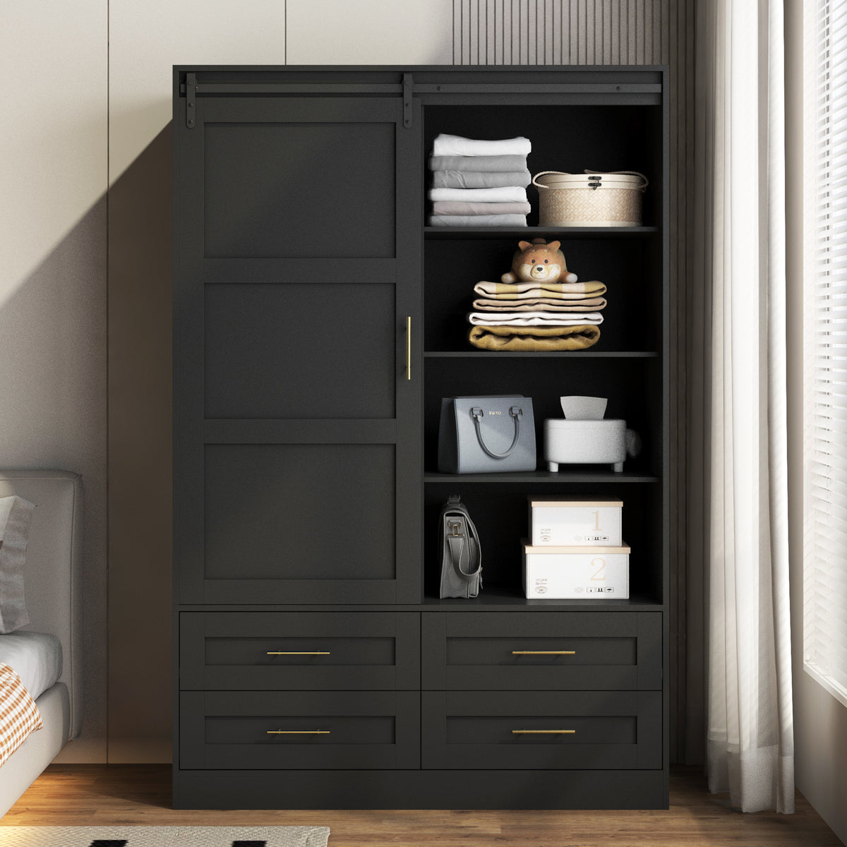Anthony & Home Atelier Eco MDF tall wardrobe with barn door, featuring sleek design and spacious storage for modern bedrooms.