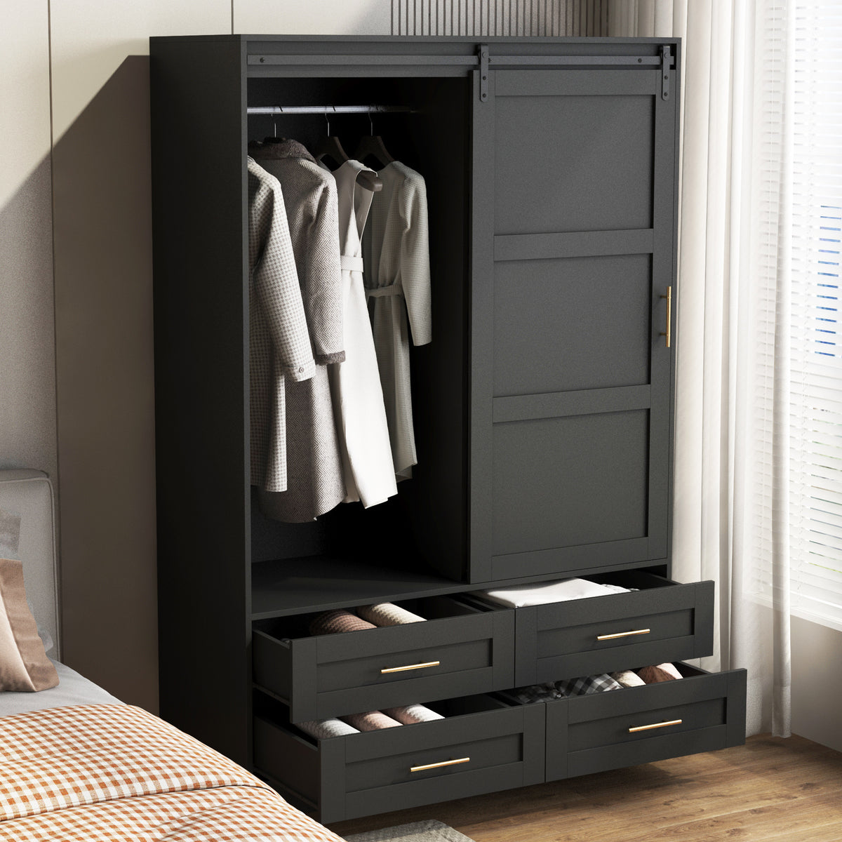 Anthony & Home Atelier Eco MDF tall armoire wardrobe with barn door, showcasing sleek wood finish and modern storage design.