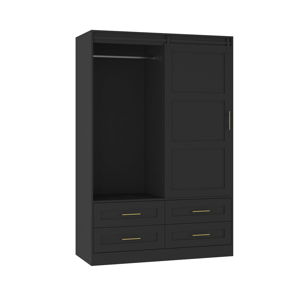 Anthony & Home Atelier Eco MDF tall armoire wardrobe with barn door, featuring sleek wood finish and spacious interior storage.