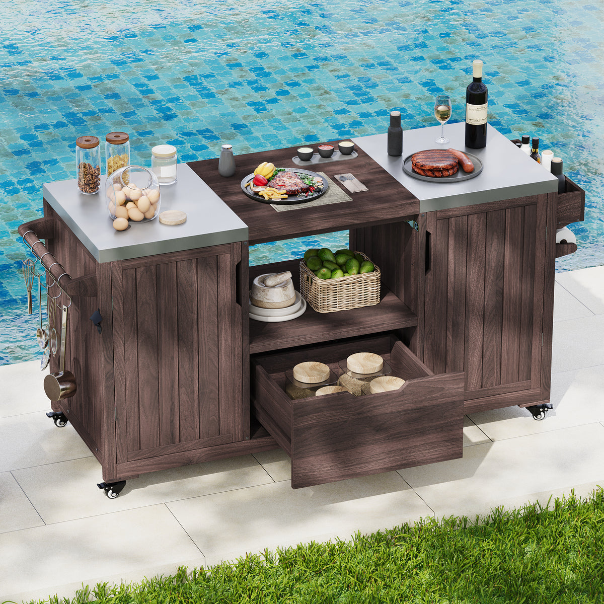 Anthony & Home Atelier Edition outdoor kitchen island with solid wood construction for Kamado grills, featuring spacious countertop and storage.