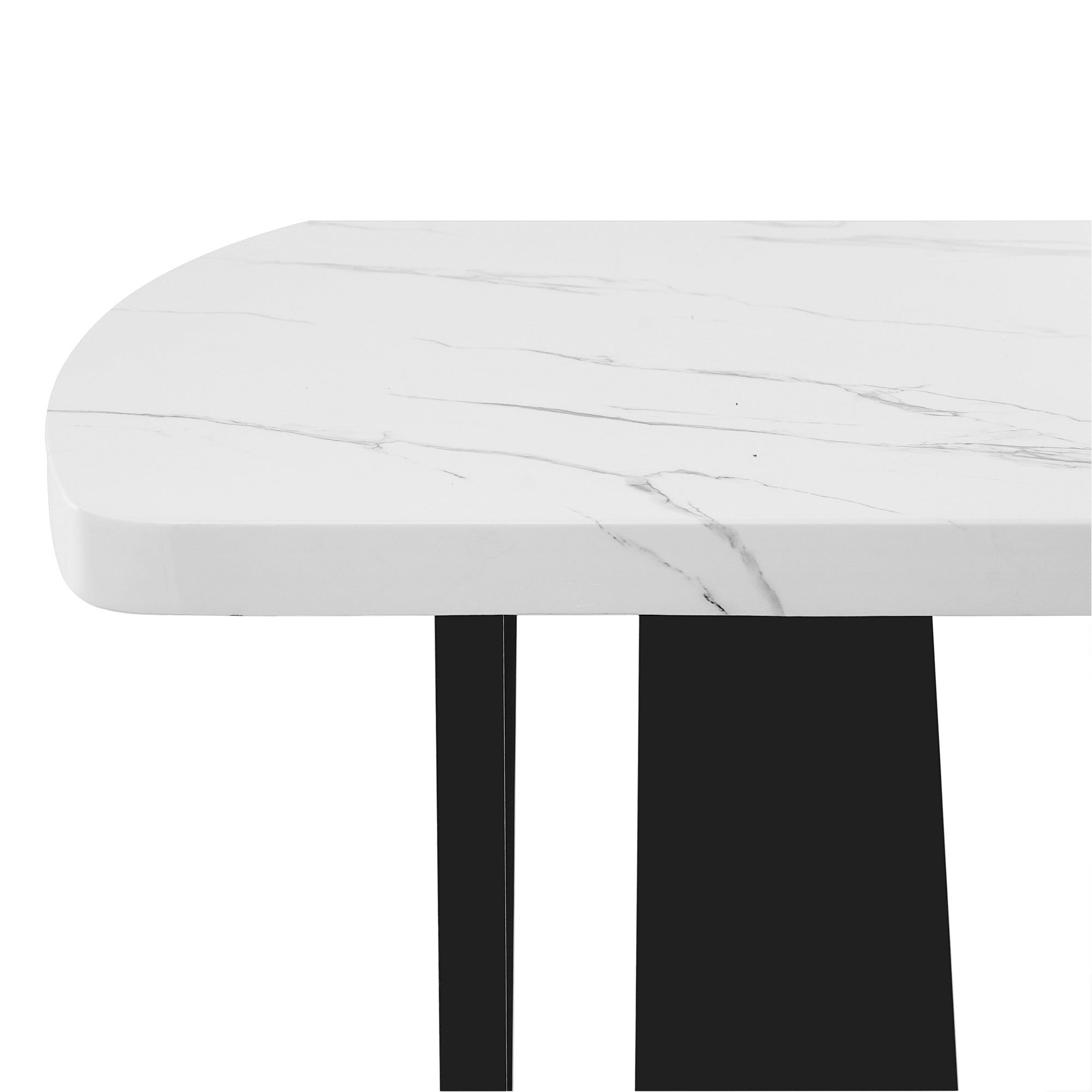 Anthony & Home Atelier faux marble dining table with black and white surface and geometric black legs, modern and stylish design.