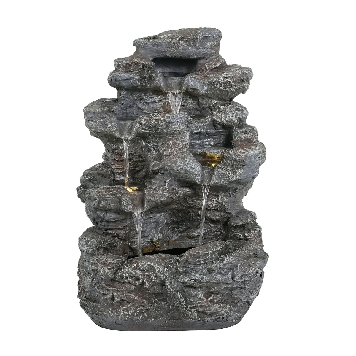 Anthony & Home Atelier faux stone outdoor fountain with five-tier cascading water feature and LED illumination, set in a garden scene.