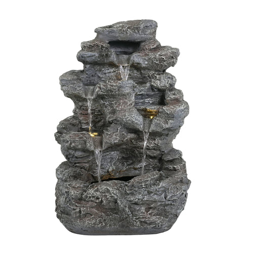 Anthony & Home Atelier faux stone outdoor fountain with five tiers, cascading water, and LED illumination for garden decor.