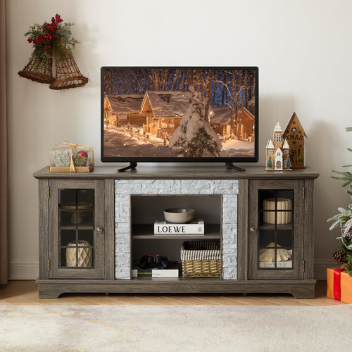 Anthony & Home Atelier Faux Stone TV stand in grey, showcasing a modern design with storage compartments and a sleek finish.