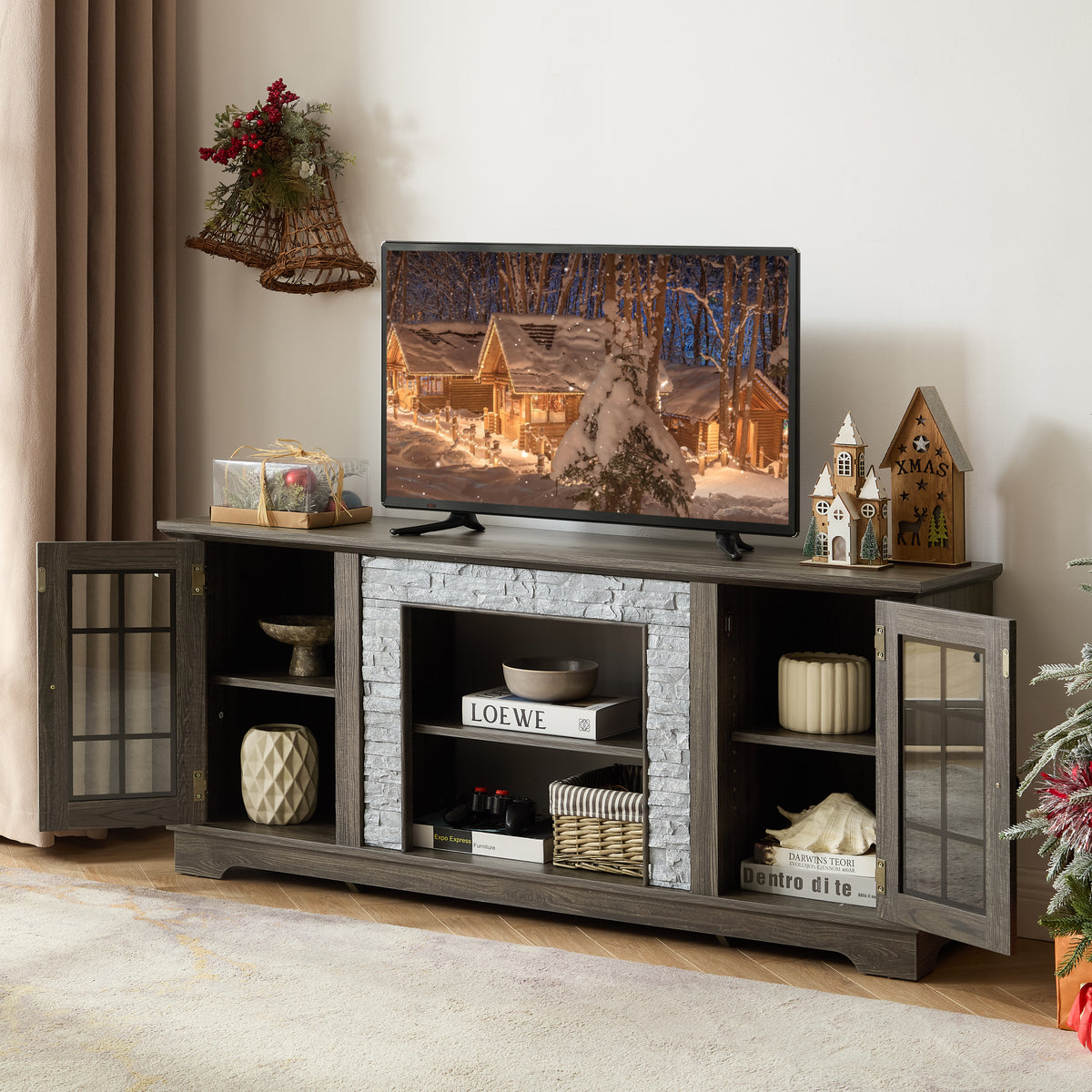 Grey Atelier Faux Stone TV stand by Anthony & Home with modern design and multiple storage compartments.