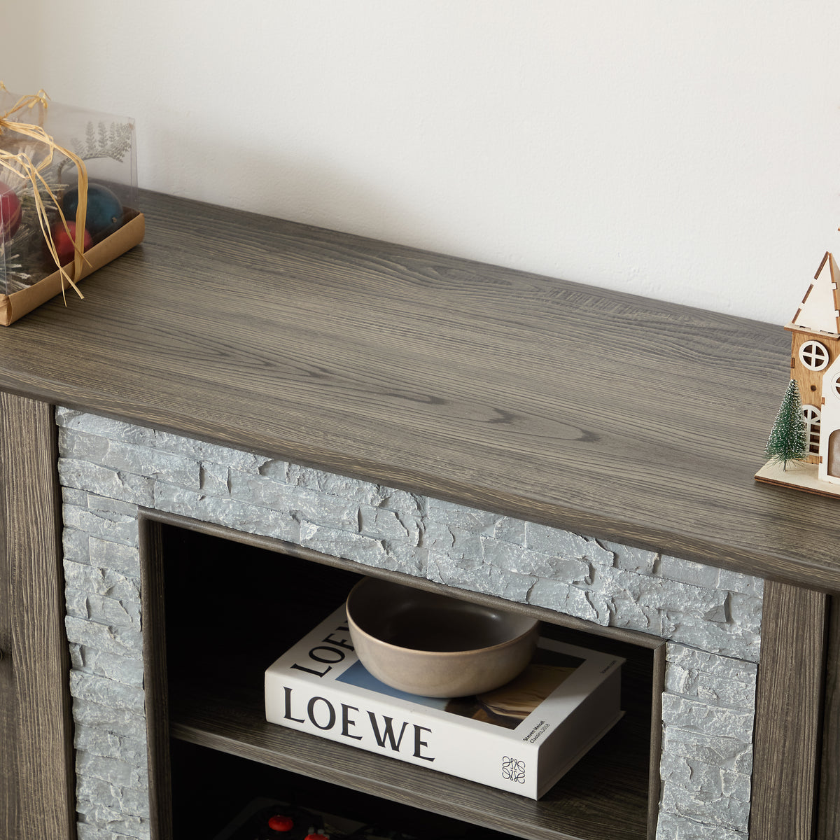 Anthony & Home Atelier faux stone grey TV stand with modern design and storage compartments for living room decor.