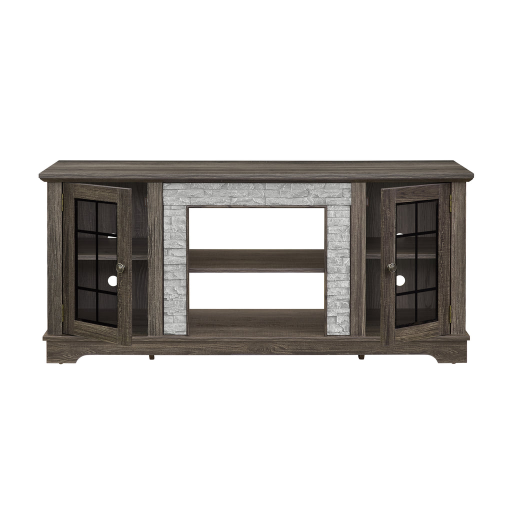 Anthony & Home Atelier Faux Stone TV stand in grey with a modern design and open shelving for living room entertainment setup.