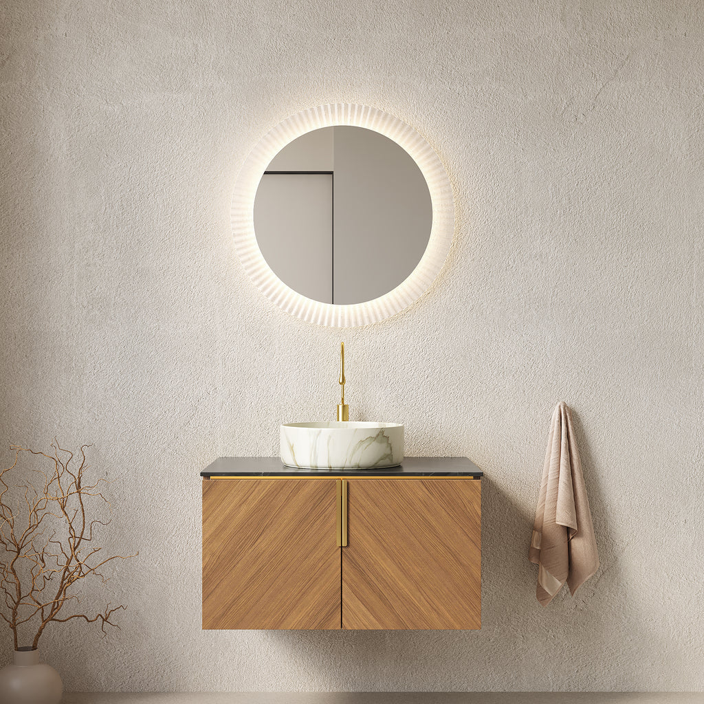 Anthony & Home Atelier floating vanity with black sintered stone countertop and white ceramic basin, modern bathroom furniture.