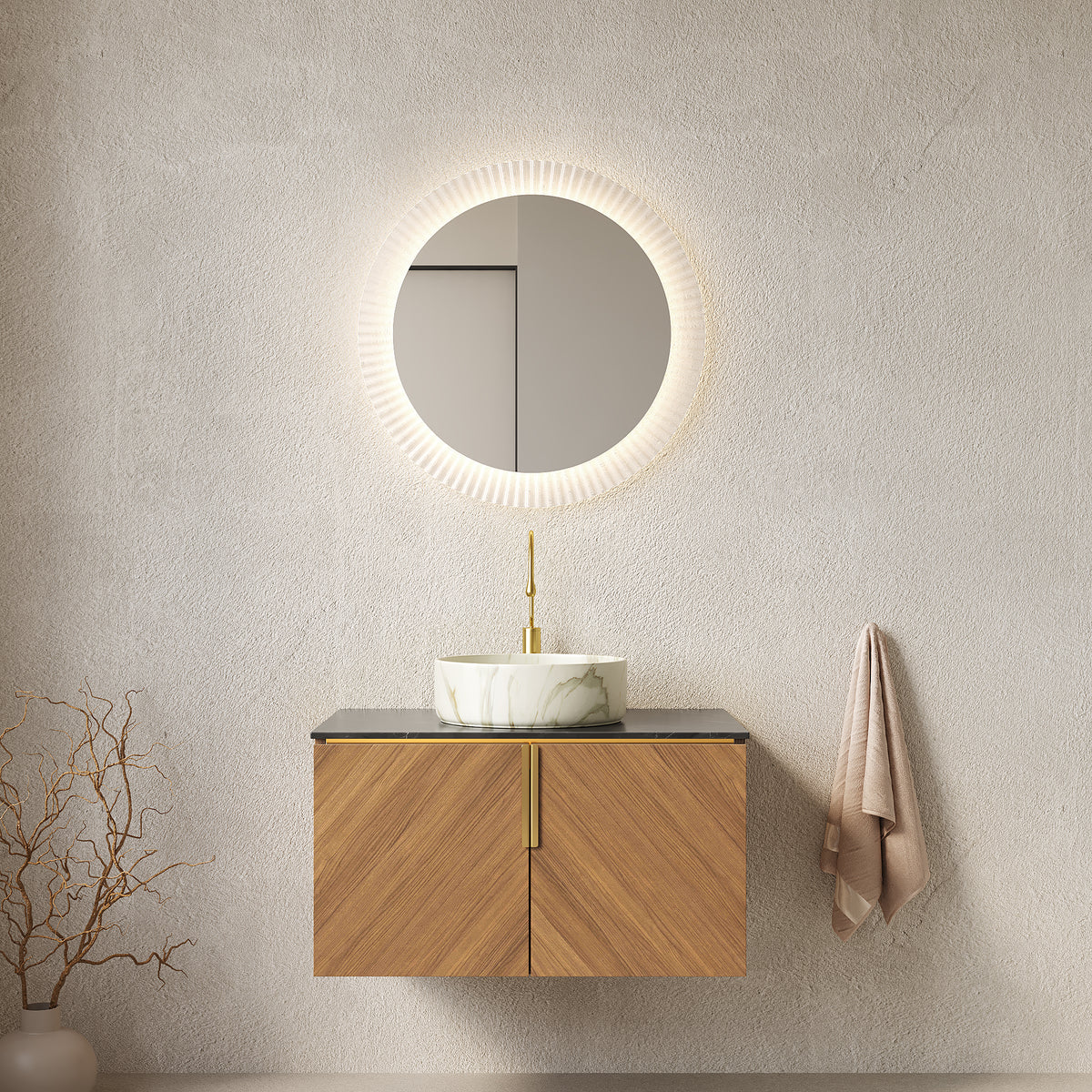 Anthony & Home Atelier floating vanity with black sintered stone countertop and white ceramic basin, modern bathroom furniture.