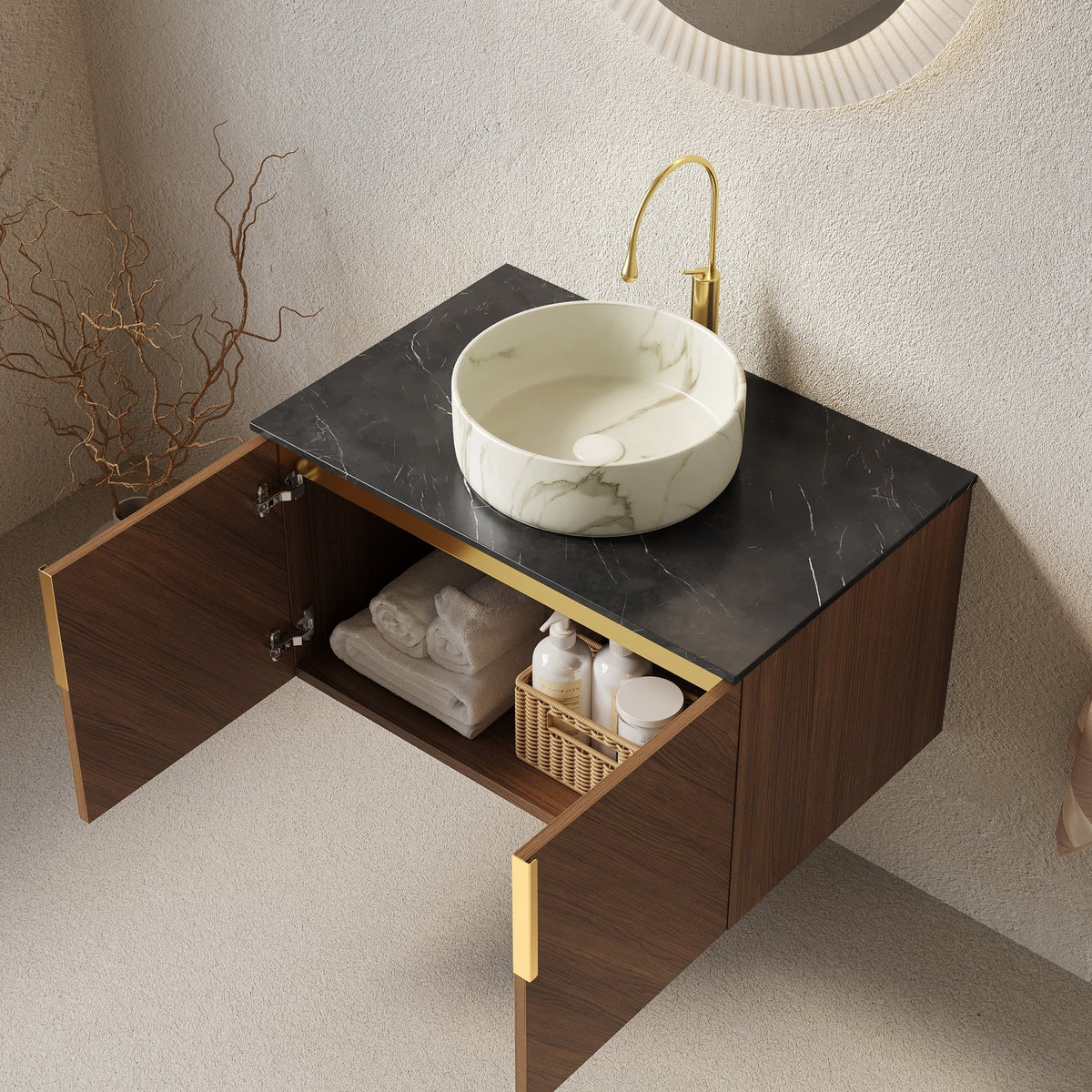 Anthony & Home atelier floating vanity with black sintered stone countertop and white ceramic basin, modern bathroom furniture.