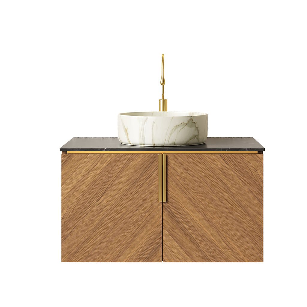 Anthony & Home Atelier floating vanity with black sintered stone countertop and white ceramic basin, modern bathroom fixture