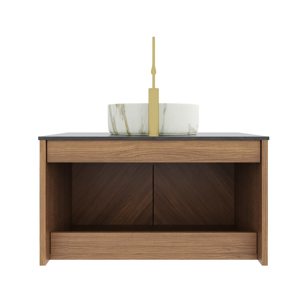 Anthony & Home Atelier floating vanity with black sintered stone countertop and white ceramic basin, modern bathroom furniture