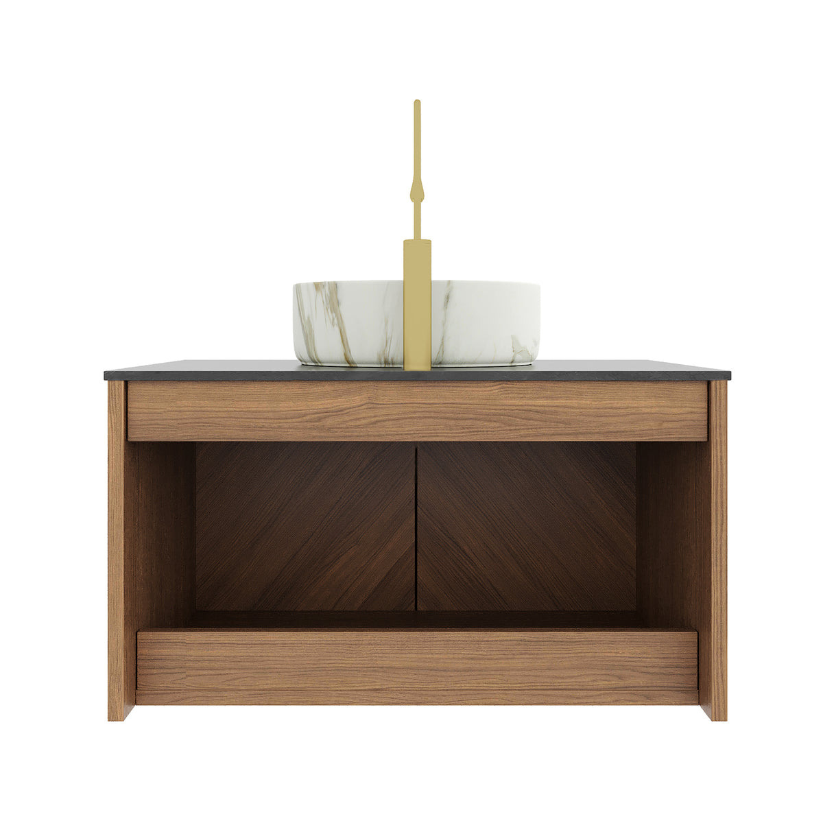 Anthony & Home Atelier floating vanity with black sintered stone countertop and white ceramic basin, modern bathroom furniture