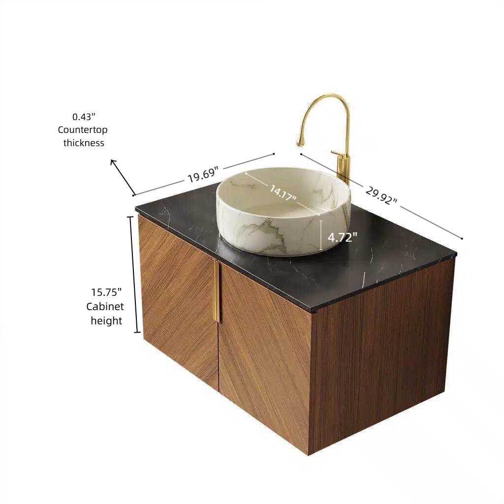 Anthony & Home floating vanity with black sintered stone countertop and white ceramic basin, modern bathroom furniture.