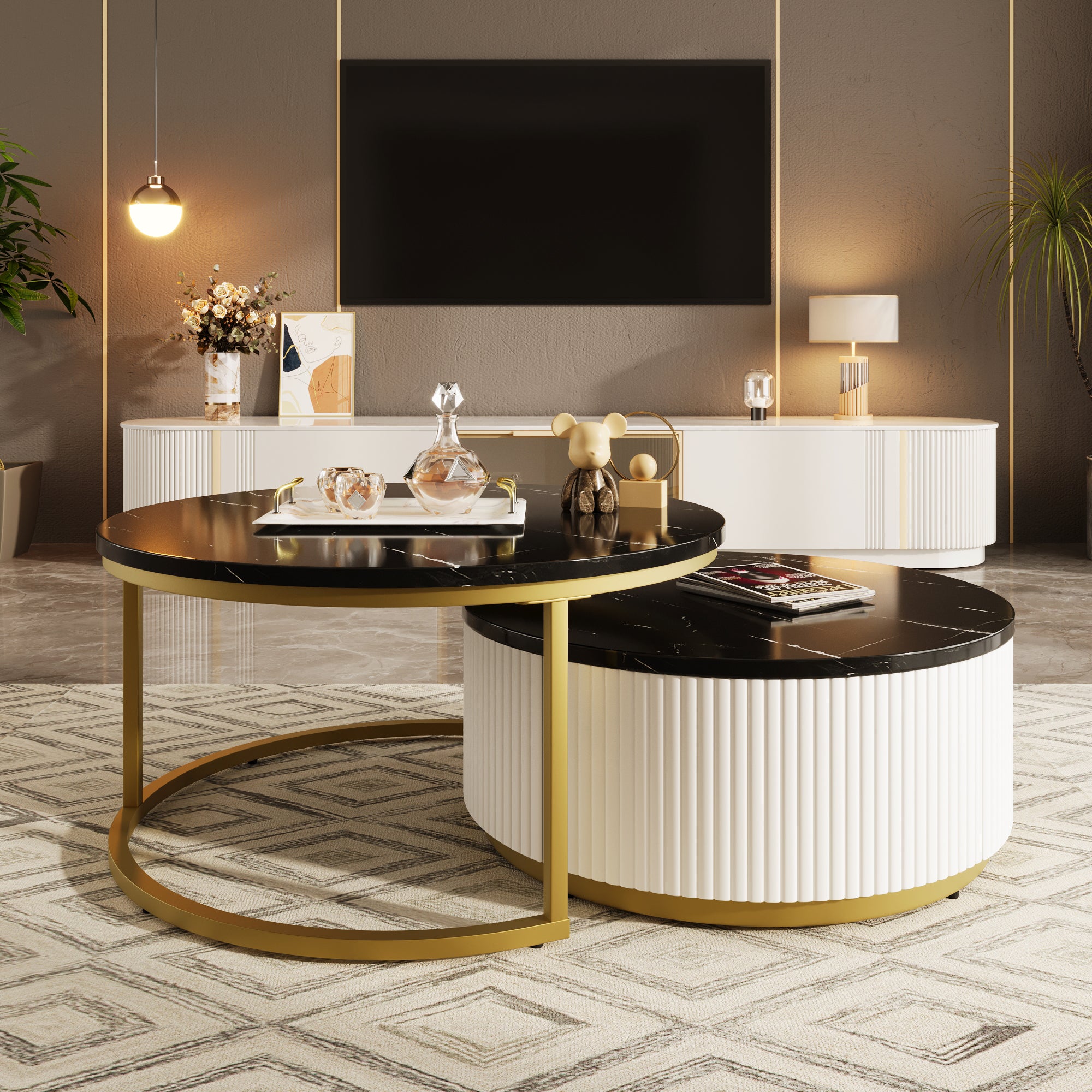 Anthony & Home brass nesting coffee tables with fluted round tops and drawers, perfect for stylish living room decor.