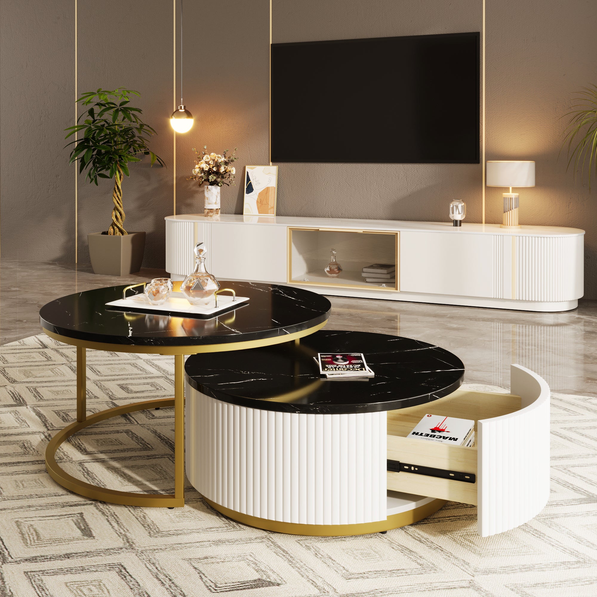 Anthony & Home Atelier fluted brass round nesting coffee table with drawer, showcasing a sleek, modern design with metallic finish.