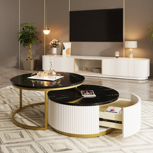 Atelier fluted brass round nesting coffee table with drawer by Anthony & Home, featuring a sleek, modern design and gold finish.
