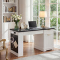 Anthony & Home Atelier fluted office desk with storage cabinet, pegboard, and keyboard tray in white, 55-inch size, modern design