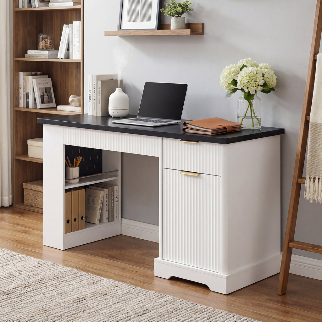 White 55-inch Atelier Fluted Office Desk with storage cabinet, pegboard, and keyboard tray from Anthony & Home.