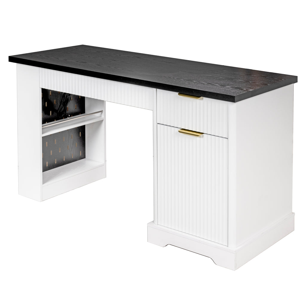 Anthony & Home Atelier fluted office desk with storage cabinet, pegboard, and keyboard tray in white, 55 inches wide.