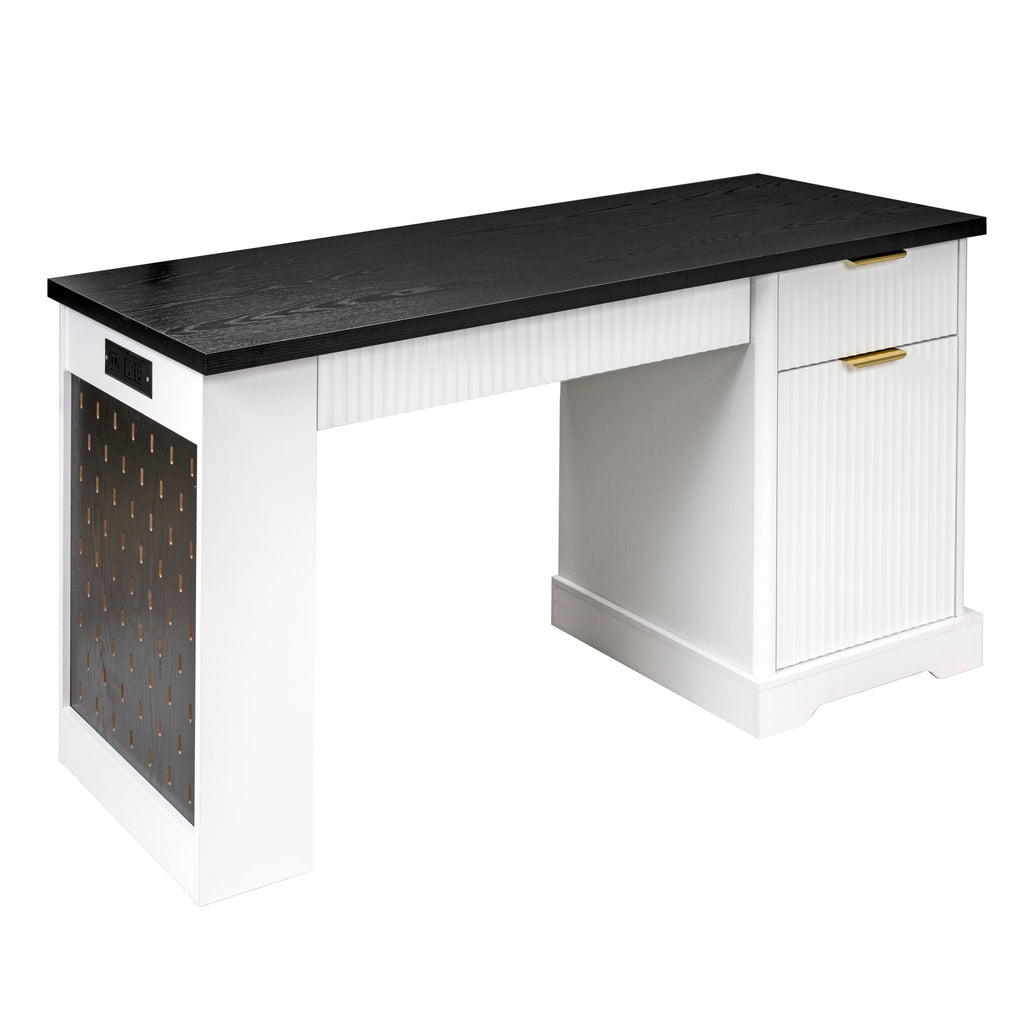Anthony & Home Atelier Fluted Office Desk with storage cabinet, pegboard, keyboard tray in white, 55-inch modern workspace furniture