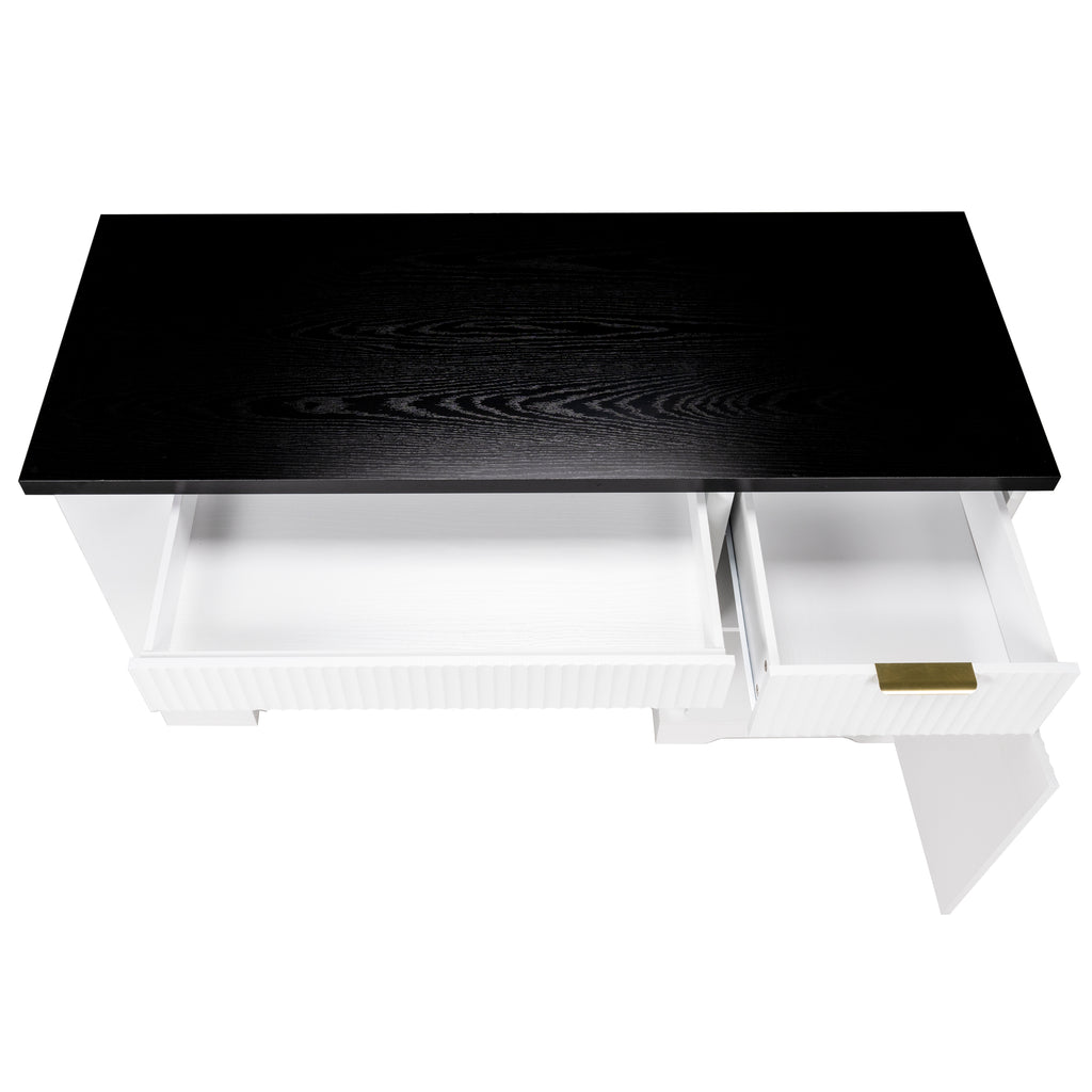 Anthony & Home Atelier fluted white office desk with storage cabinet, pegboard, and keyboard tray, 55-inch size