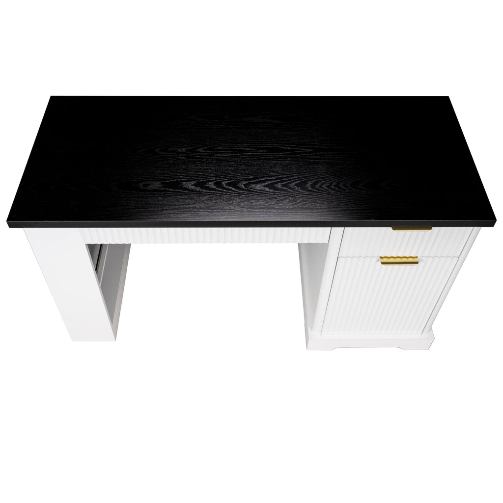 White 55-inch Atelier Fluted Office Desk with storage cabinet, pegboard, and keyboard tray by Anthony & Home