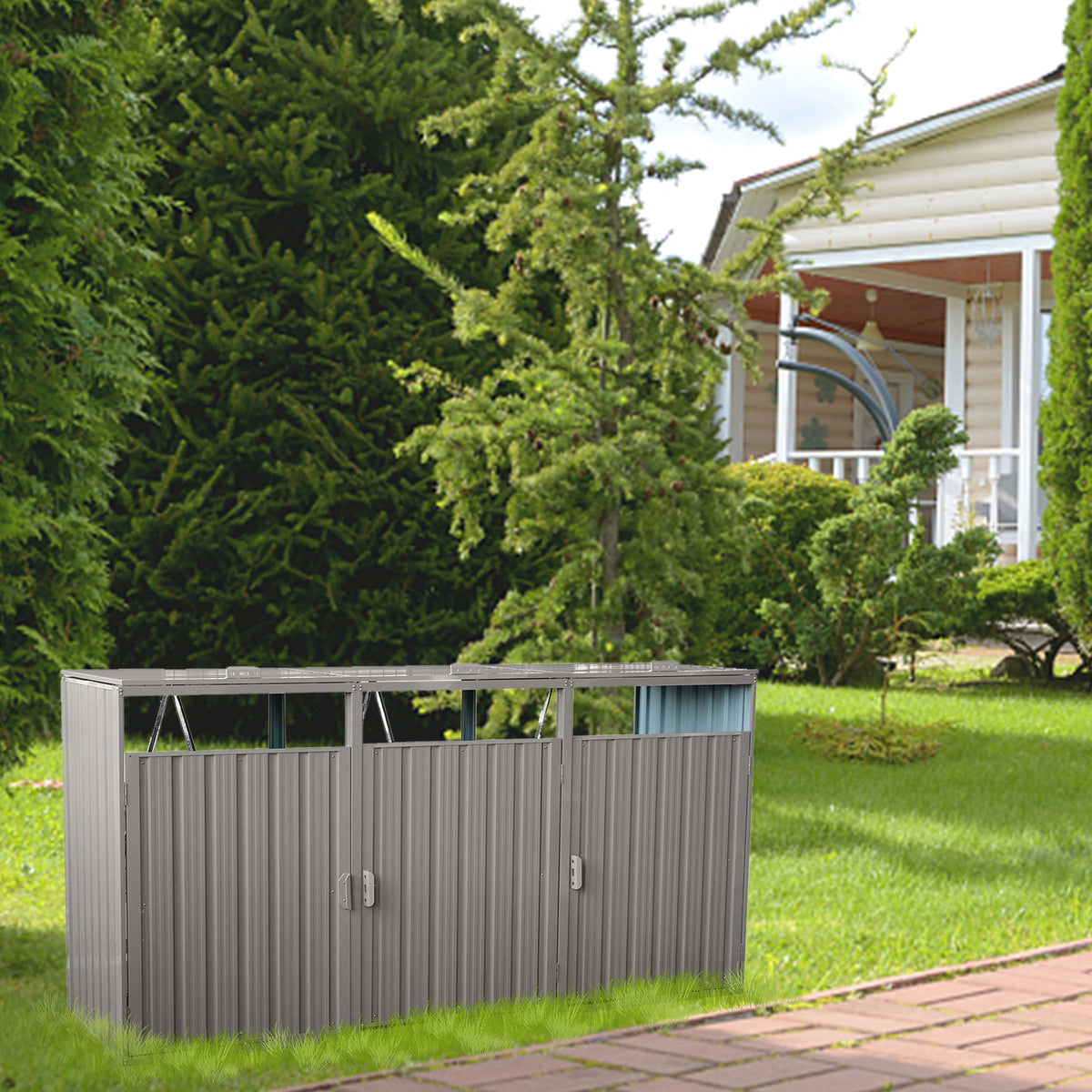 Anthony & Home galvanized steel trash bin shed with three grey cans, designed for outdoor waste storage and organization.