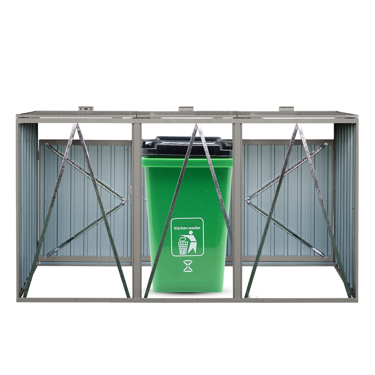 Anthony & Home Atelier galvanized steel trash bin shed with three grey cans, durable outdoor storage for waste management.