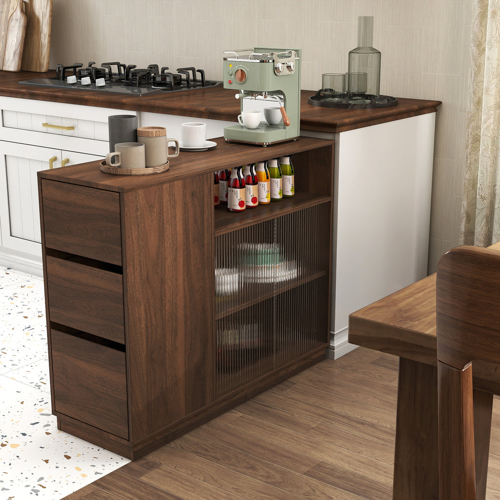Anthony & Home Atelier glass sliding door kitchen sideboard with sleek modern design and clear glass panels.