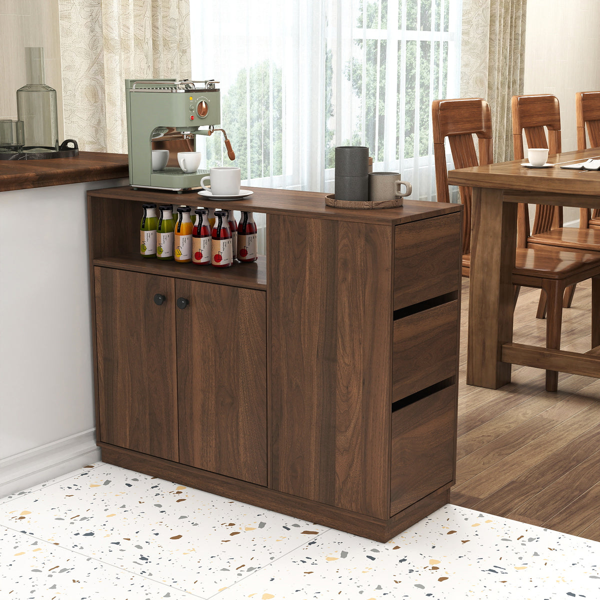 Anthony & Home Atelier glass sliding door kitchen sideboard with sleek design and transparent glass panels.