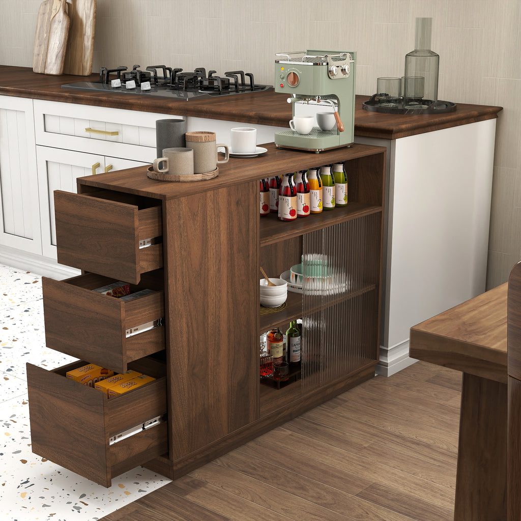 Anthony & Home Atelier glass sliding door kitchen sideboard with sleek design and transparent glass panels.