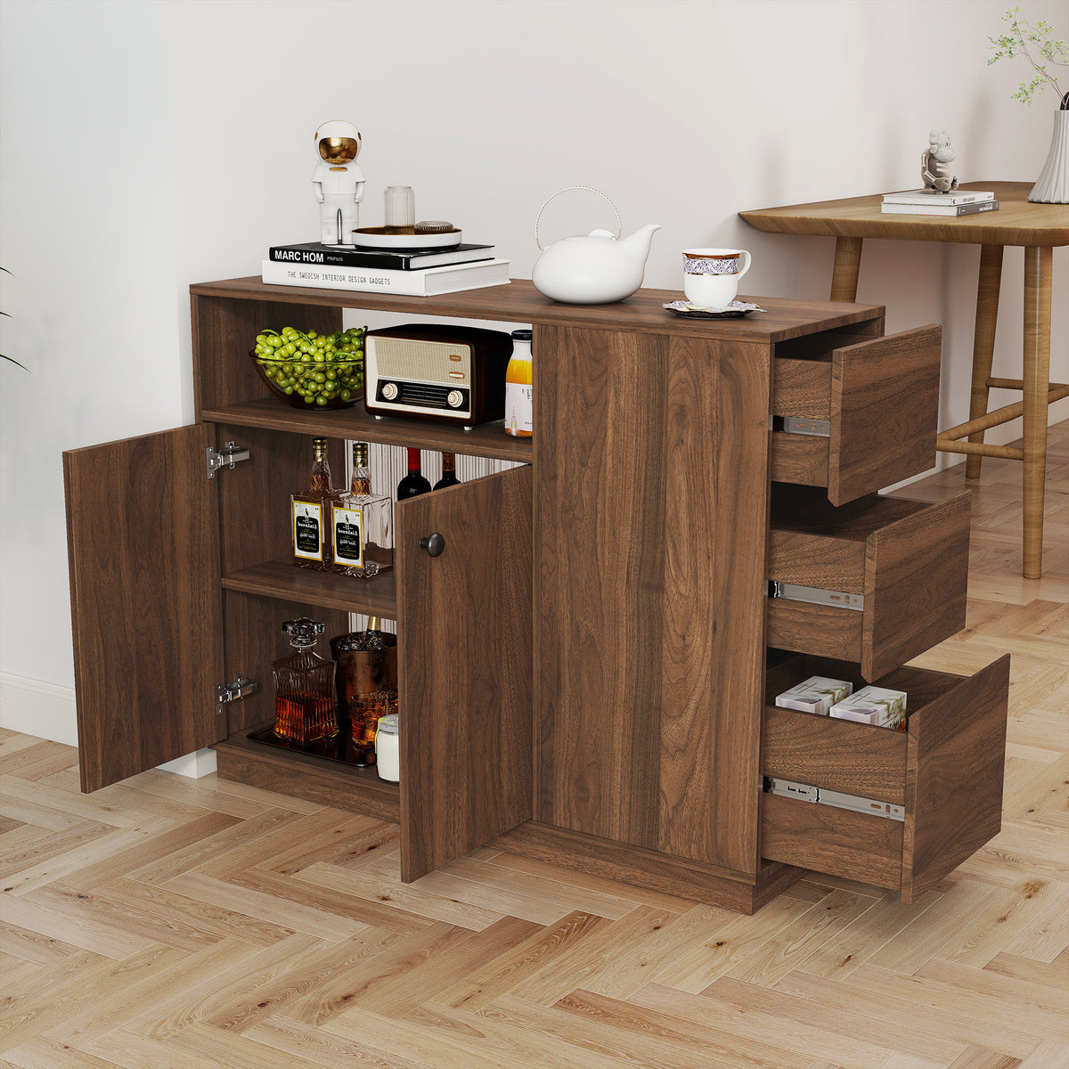 Anthony & Home Atelier glass sliding door kitchen sideboard with sleek glass panels and modern wood finish.